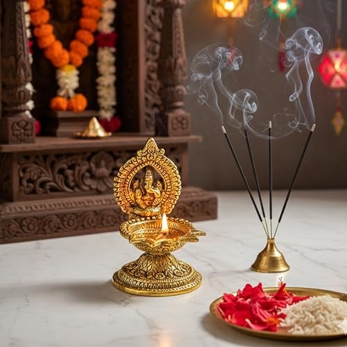 HindCraft Ganesha Diya Oil Lamp – Brass Diwali Diya for Puja, Home Temple, Decoration & Gifts | Traditional Diwali Decoration Items for Home Decor | Ganesh Deepak for Pooja & Festive Gifting - Image 2