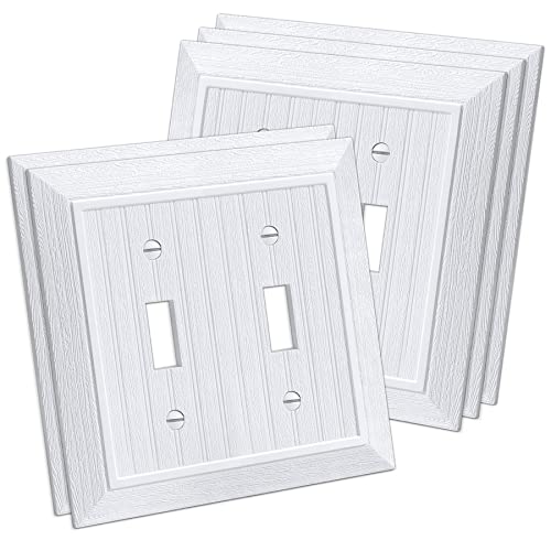 CML Hardware (5 Pack) CML Classic Toggle Light Switch Wall Plate, 2-Gang Beadboard Outlet Covers, Vintage Retro Wood Grain Design, Standard Size 4.95”X 4.87”, Impact Resistant, White - Image 1