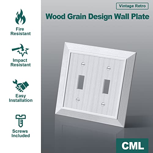 CML Hardware (5 Pack) CML Classic Toggle Light Switch Wall Plate, 2-Gang Beadboard Outlet Covers, Vintage Retro Wood Grain Design, Standard Size 4.95”X 4.87”, Impact Resistant, White - Image 2
