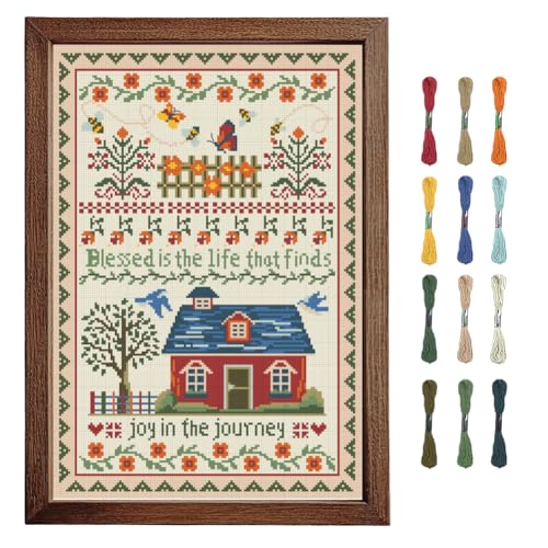 FREEBLOSS Cross Stitch Wall Hanging Kits Stamped Embroidery Starter Kits Pre Printed Stitches Practice Kit with Instructions for Beginners Cross Stitching Decor Joy in The Journey - Image 1