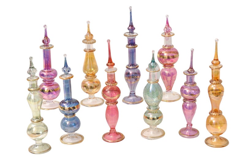 Craftsofegypt Genie Blown Glass Miniature Perfume Bottles For Perfumes & Essential Oils  Set Of 10 Decorative Vials  Each 4"" High (12Cm)  Assorted Colors