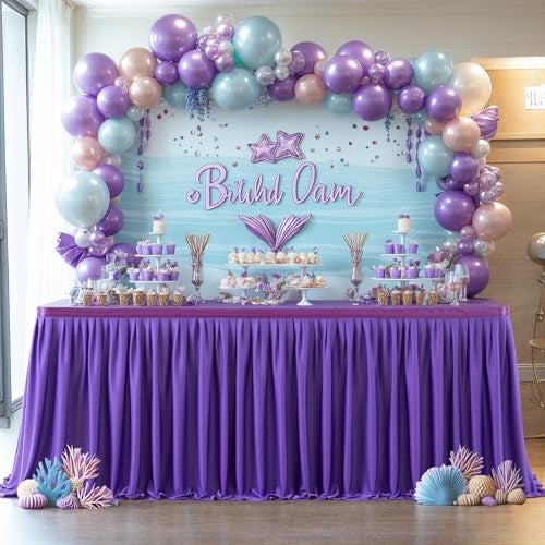 Partisky Purple Polyester Table Skirt for Rectangle Tables 6ft, Wrinkle Resistant Pleated Ruffle Table Cloth for Banquet Wedding Trade Baby Shower Display Gift Dining Table - Image 1