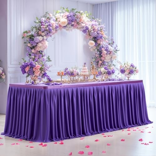 Partisky Purple Polyester Table Skirt for Rectangle Tables 6ft, Wrinkle Resistant Pleated Ruffle Table Cloth for Banquet Wedding Trade Baby Shower Display Gift Dining Table - Image 2