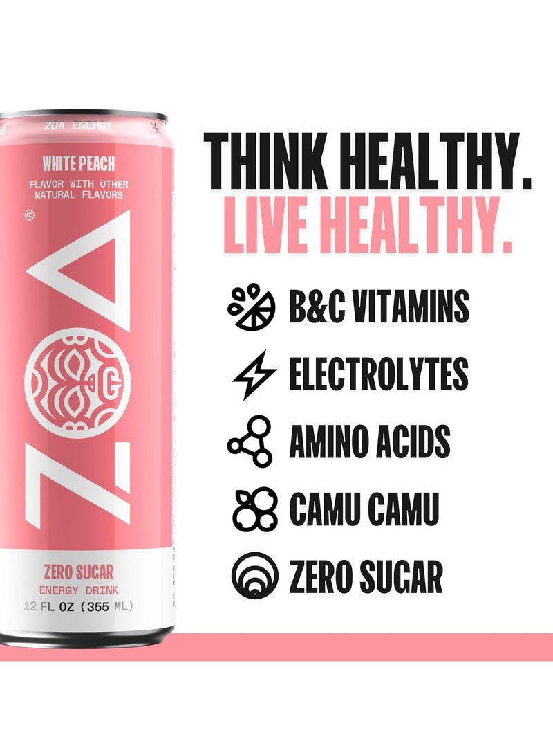 ZOA Energy Drink,  White Peach 12 Fl Oz - Zero Sugar Vitamins Antioxidants Electrolytes Natural Caffeine (Pack of 1)  - Image 5