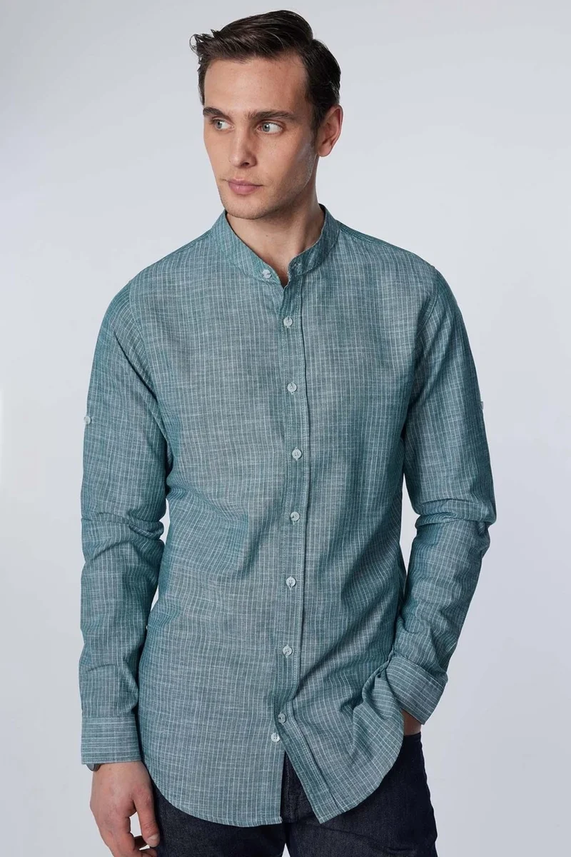 تودورس Slim Fit Long Sleeve Narrow Fit Striped Judge Collar Sleeve Folded Linen Texture Summer Men's Shirt