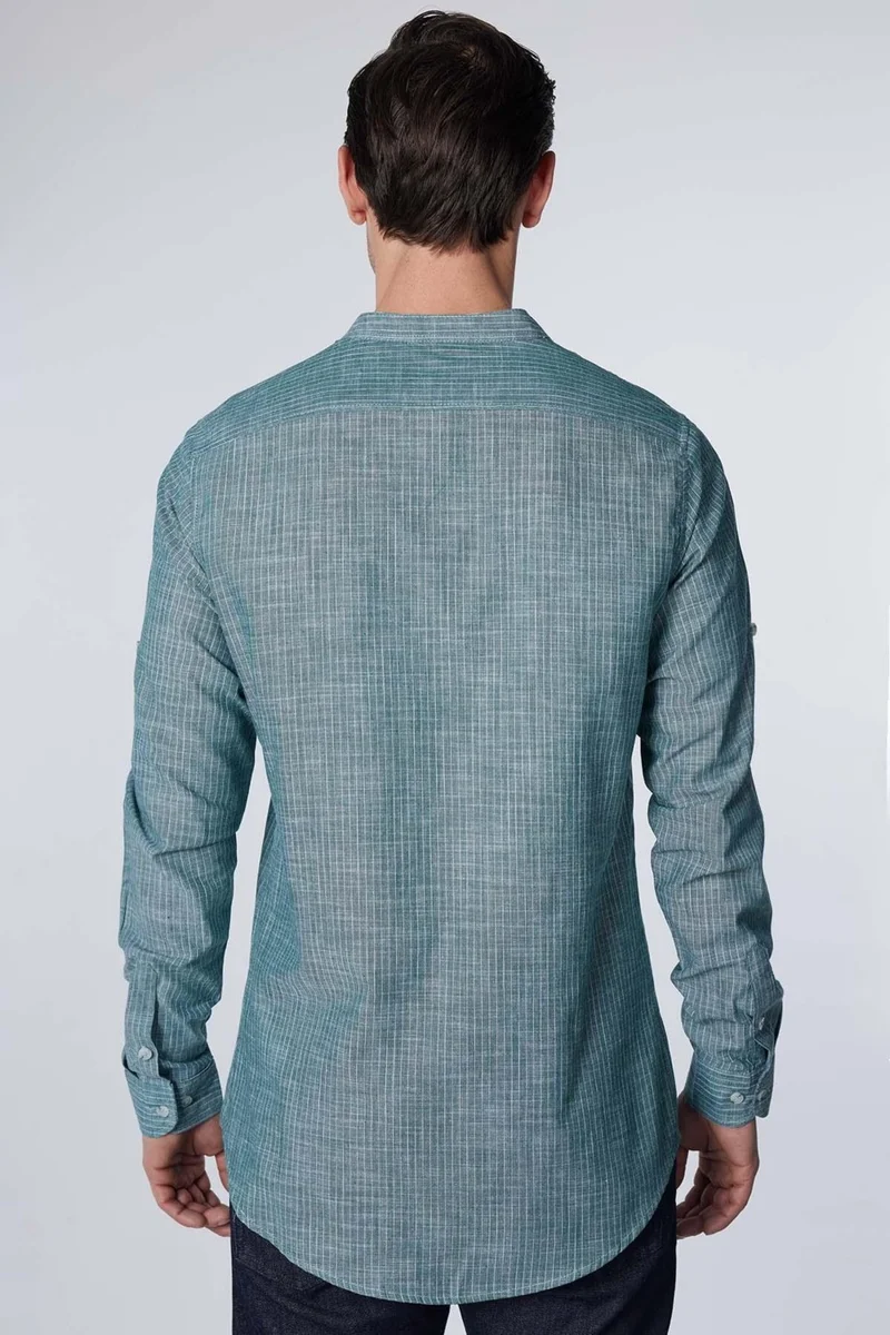 تودورس Slim Fit Long Sleeve Narrow Fit Striped Judge Collar Sleeve Folded Linen Texture Summer Men's Shirt