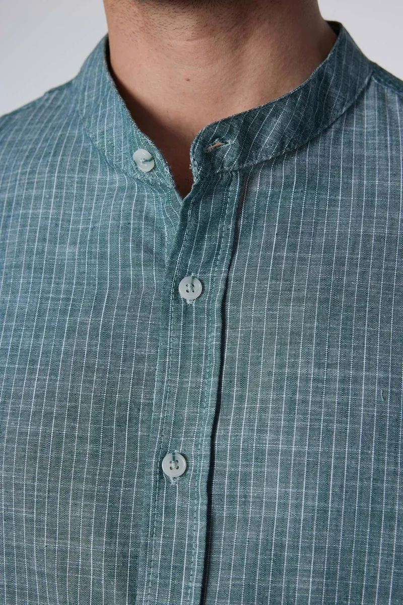 تودورس Slim Fit Long Sleeve Narrow Fit Striped Judge Collar Sleeve Folded Linen Texture Summer Men's Shirt