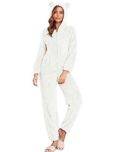 HOTIAN Fleece Onesie Pajamas for Women Fuzzy Sherpa Hooded Romper One Piece Winter Sleepwear Flannel Pajama JumpsuitBeigeXL - Image 1