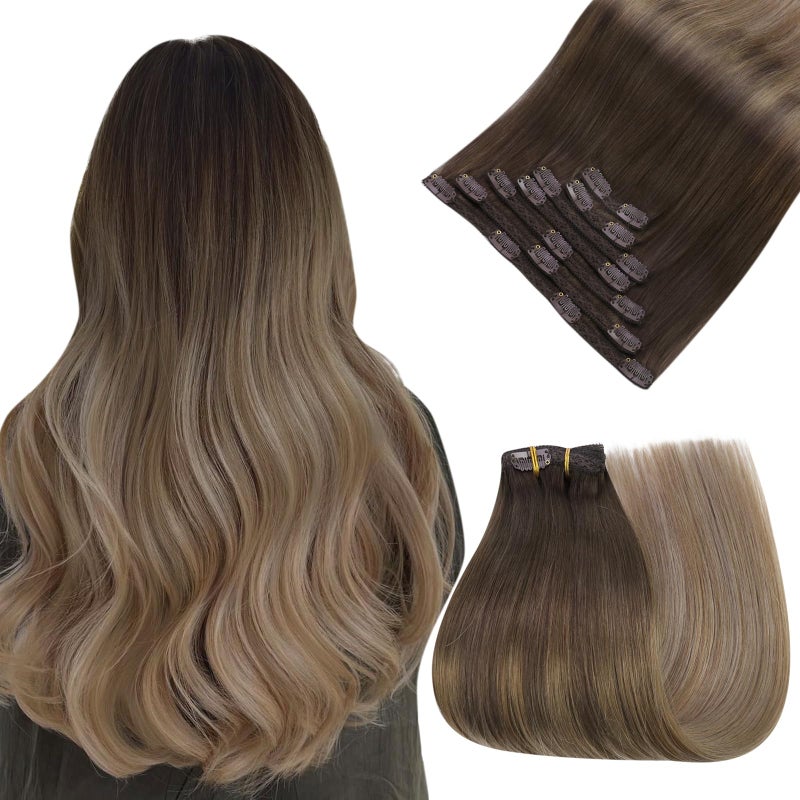 Easyouth Clip in Hair Extensions Real Human Hair Brown Balayage Straight Clip in Hair Extensions Human Hair Dark Brown Fading to Chestnut Brown and Ash Blonde Hair Extension Clips ins 14 Inch 80G 7Pcs