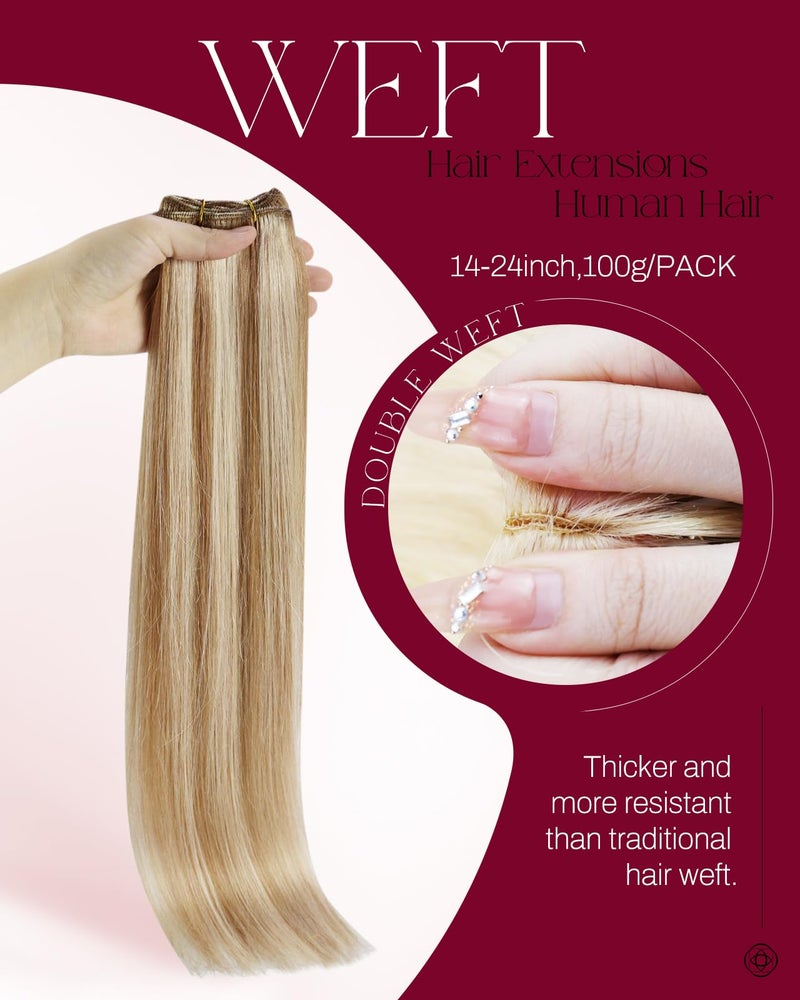 Moresoo Sew in Hair Extensions Real Human Hair Blonde Highlights Remy Human Hair Weft Extensions Medium Brown with Blonde Sew in Weft Hair Extensions Human Hair 100g 18 Inch - Image 2
