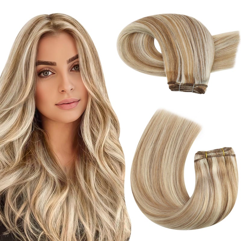 Moresoo Sew in Hair Extensions Real Human Hair Blonde Highlights Remy Human Hair Weft Extensions Medium Brown with Blonde Sew in Weft Hair Extensions Human Hair 100g 18 Inch - Image 1