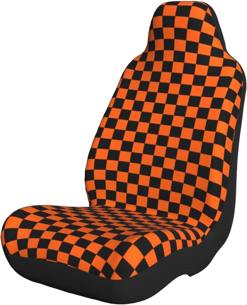 Orange Black Checkered Chessboard Flag Car Seat Cover, Front Seat Protector Universal Auto Accessories, Car Decor for Sedan SUV Van Most Cars 2 PCS - Image 1
