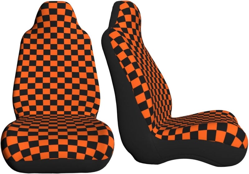 Orange Black Checkered Chessboard Flag Car Seat Cover, Front Seat Protector Universal Auto Accessories, Car Decor for Sedan SUV Van Most Cars 2 PCS - Image 3