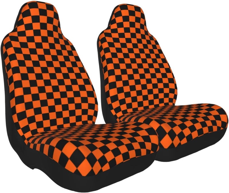 Orange Black Checkered Chessboard Flag Car Seat Cover, Front Seat Protector Universal Auto Accessories, Car Decor for Sedan SUV Van Most Cars 2 PCS - Image 2