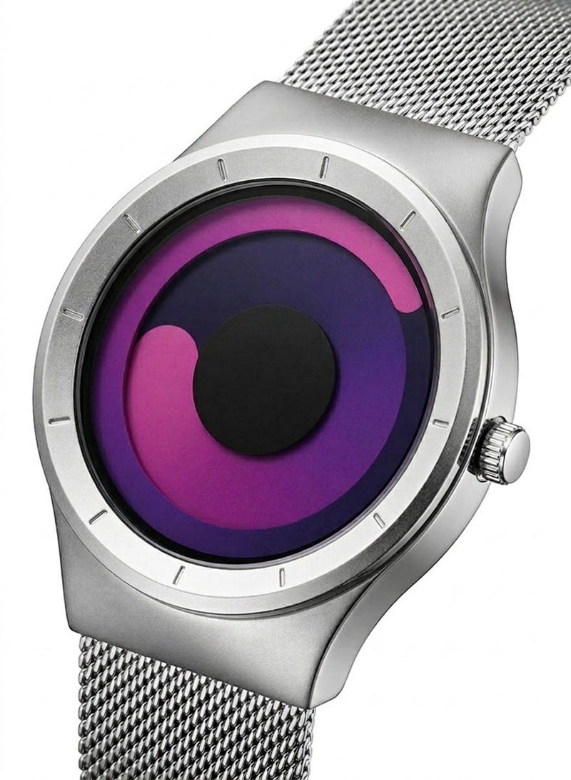 Ladevas Creative Swirl Color Dial Wristwatch – Silver Stainless Steel Case & Mesh Strap – Unique Artistic Watch for Casual & Formal Wear - Image 1