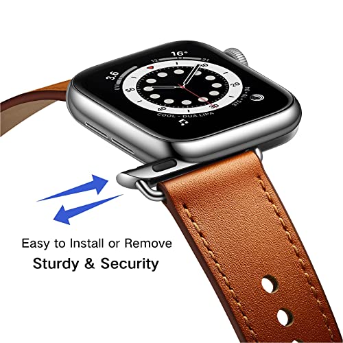 OUHENG Leather Bands Compatible with Apple Watch Band 42mm/41mm/40mm/38mm, Genuine Leather Replacement Strap for iWatch SE3 SE2 SE Series 11 10 9 8 7 6 5 4 3 2 1 (Brown/Silver) - Image 2