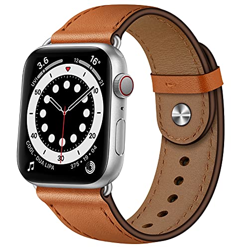 OUHENG Leather Bands Compatible with Apple Watch Band 42mm/41mm/40mm/38mm, Genuine Leather Replacement Strap for iWatch SE3 SE2 SE Series 11 10 9 8 7 6 5 4 3 2 1 (Brown/Silver) - Image 1
