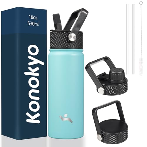 Konokyo Insulated Water Bottle with Straw,18oz 3 Lids Metal Bottles Stainless Steel Water Flask,Turquoise - Image 1