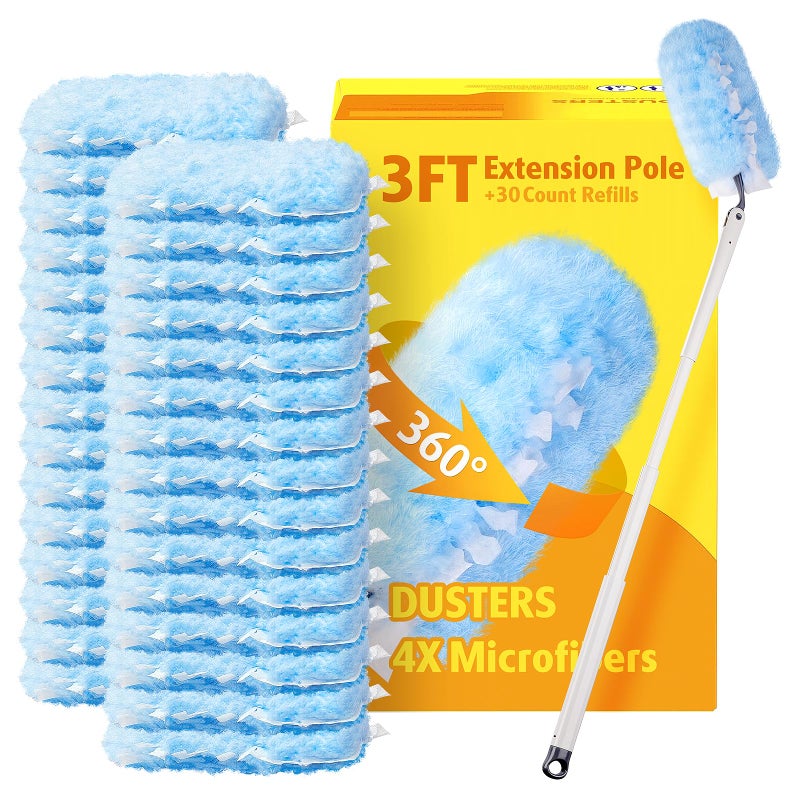 AIR U+ 30 Count Heavy Duty Duster Refills with 3 ft Extendable Handle Starter Kit, Compatible with Swiffer Disposable Microfiber Feather Dusters for Cleaning Home - Image 1