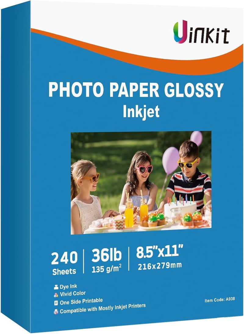 37lb Thin Flyer Paper Glossy 8.5x11 Inkjet 240 sheets Single Side DIY Chip Bag 135gsm Photos Picture for Inkjet Printer with Dye Ink Printer Letter size A4 Brochure