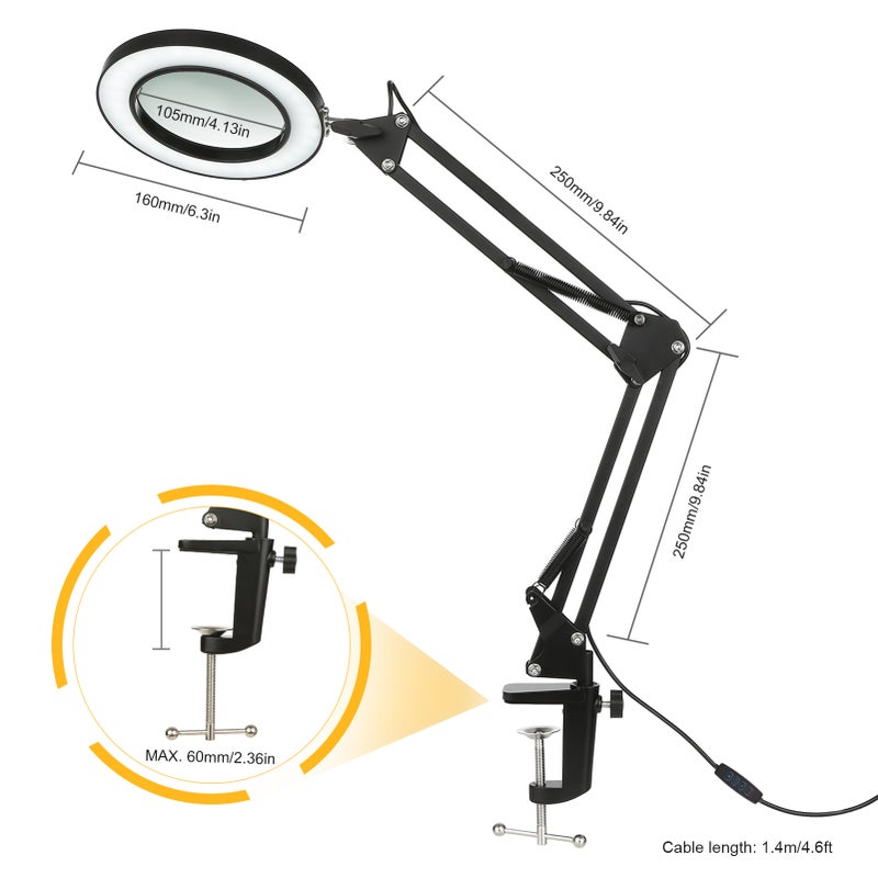 Flexible Clamp-on Table Lamp with 8x Magnifier Swing Arm Dimmable LEDs Desk Light 3 Color Modes & 10 Brightness Levels Reading Working Studying Light - Image 5
