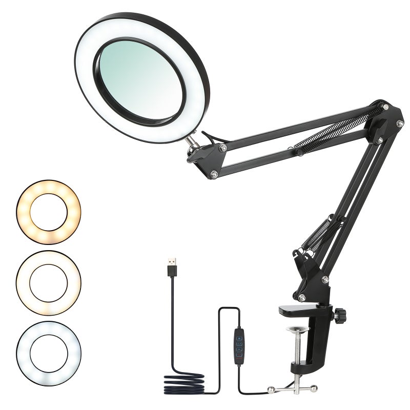 Flexible Clamp-on Table Lamp with 8x Magnifier Swing Arm Dimmable LEDs Desk Light 3 Color Modes & 10 Brightness Levels Reading Working Studying Light - Image 3
