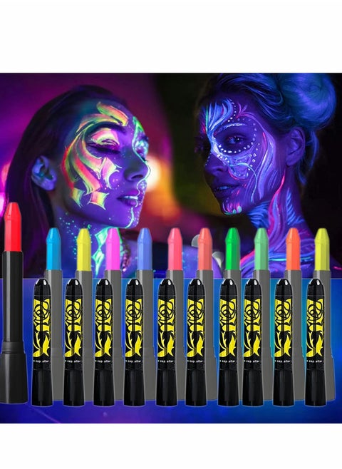 Face Paint Crayons Glow, 12 Colors Glow in The Black Face & Body Paint Crayons, Neon Blacklight Glow Body Makeup Fluorescent Face Paints for Kids Adult, Neon Face Paint Crayons for Halloween Carnival