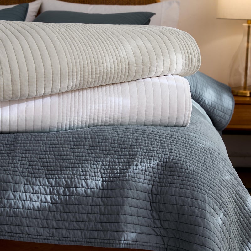 palassio Striped Blue Grey 100% Cotton Quilt Queen Size Bedding Sets, Lightweight Crinkly Channel Pick Stitch Textured Bedspread Soft Shabby Chic Farmhouse Country Coverlet for All Season, 2 Shams - Image 5