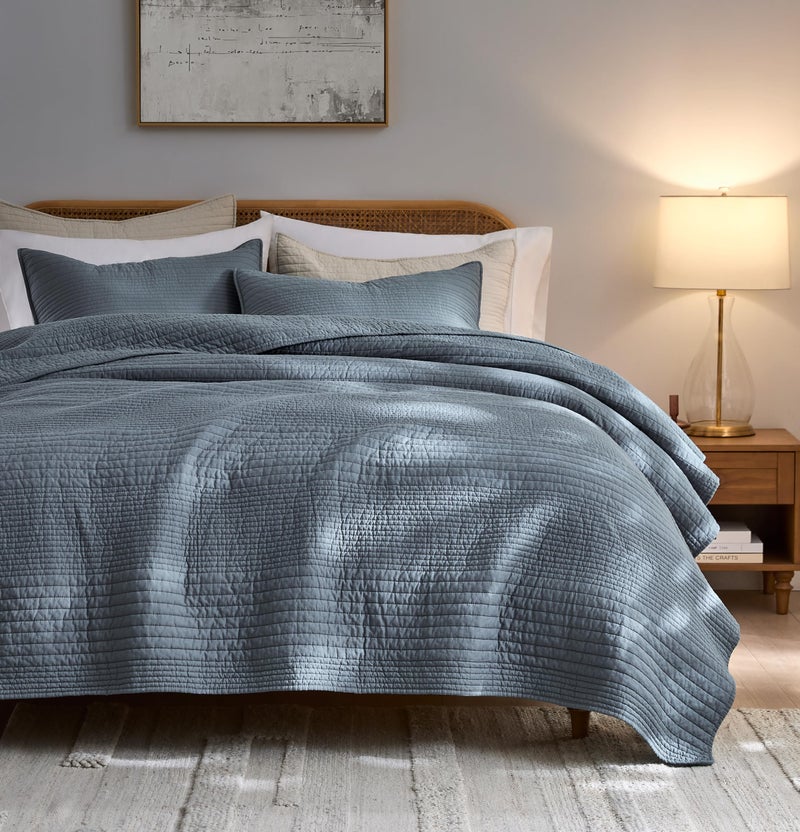 palassio Striped Blue Grey 100% Cotton Quilt Queen Size Bedding Sets, Lightweight Crinkly Channel Pick Stitch Textured Bedspread Soft Shabby Chic Farmhouse Country Coverlet for All Season, 2 Shams - Image 1