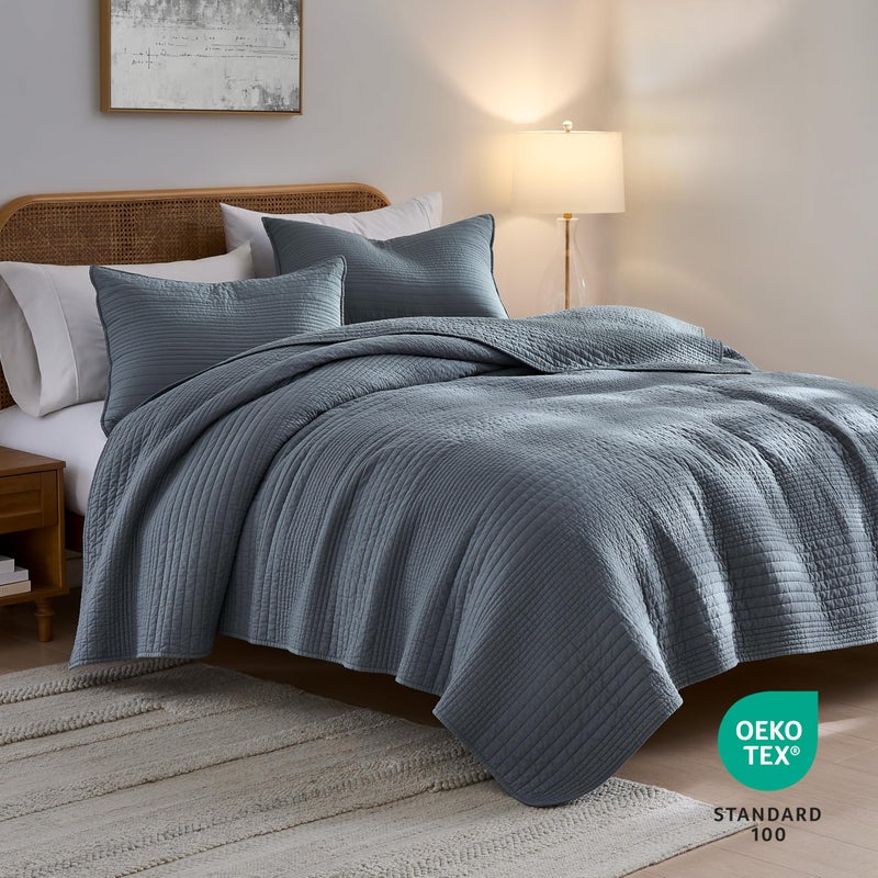 palassio Striped Blue Grey 100% Cotton Quilt Queen Size Bedding Sets, Lightweight Crinkly Channel Pick Stitch Textured Bedspread Soft Shabby Chic Farmhouse Country Coverlet for All Season, 2 Shams - Image 2