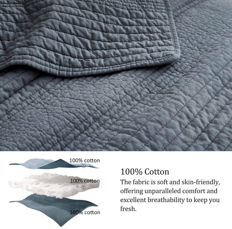 palassio Striped Blue Grey 100% Cotton Quilt Queen Size Bedding Sets, Lightweight Crinkly Channel Pick Stitch Textured Bedspread Soft Shabby Chic Farmhouse Country Coverlet for All Season, 2 Shams - Image 4