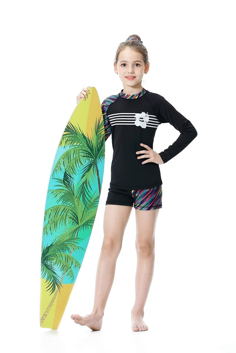 KID1234 Girls Long Sleeve Swimsuits 2 Pieces Set Rash Guard Swimwear Quick Dry Surfing Wetsuit for Kids Bathing Suit 5-16 Years Black - Image 4