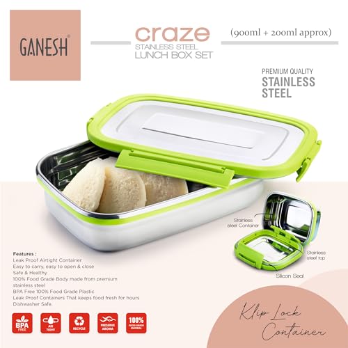 Ganesh Craze Stainless Steel Tiffin Lunch Box Container 4 Side Clip Lock Lid for Office & School Use/Food Grade/Air Tight-900ML - Image 4