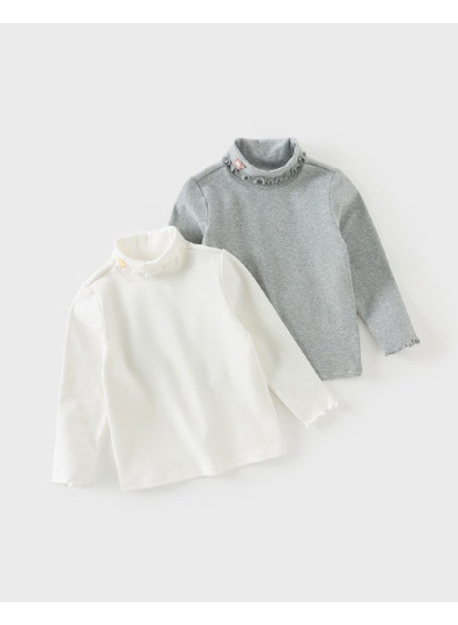 Mall Same Style Kids' Long Sleeve T-shirt, Girls' High Neck Lace Trim Top For Spring/autumn Layering - Image 1