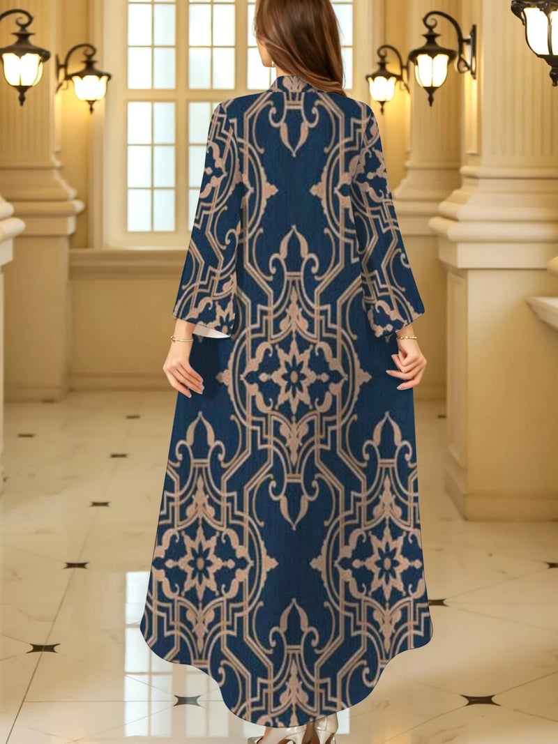 Oriental Floral Geometric Vintage Print Flare Long‑Sleeve Elegant Traditional Abaya - Image 4
