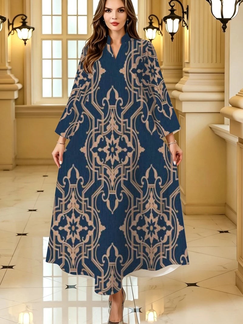 Oriental Floral Geometric Vintage Print Flare Long‑Sleeve Elegant Traditional Abaya - Image 1