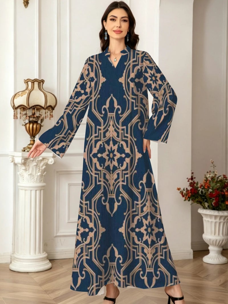 Oriental Floral Geometric Vintage Print Flare Long‑Sleeve Elegant Traditional Abaya - Image 2