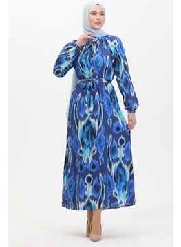 Sefa Merve Patterned Belted Viscose Dress 0501A-05 Navy Blue Saxe  - Image 3