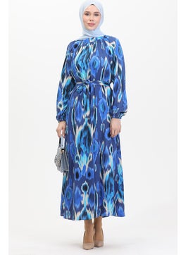 Sefa Merve Patterned Belted Viscose Dress 0501A-05 Navy Blue Saxe  - Image 1