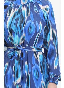 Sefa Merve Patterned Belted Viscose Dress 0501A-05 Navy Blue Saxe  - Image 5