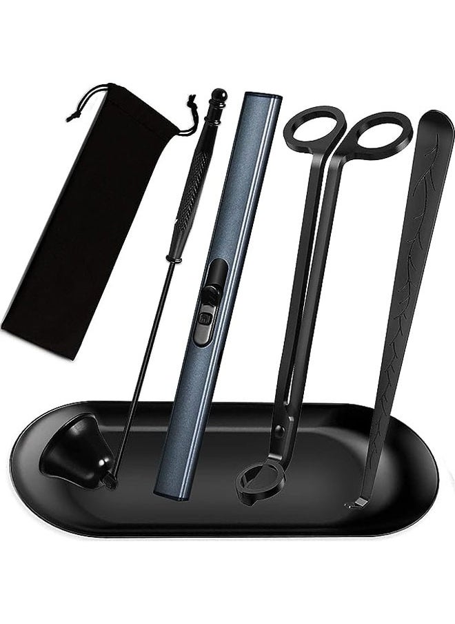 Arabest 5 in 1 Candle Accessory Set, Candle Wick Trimmer Cutter, Candle Candle Wick Dipper,USB Electric Lighter And Storage Tray Plate for Candle Lover Gift, Stainless Steel Candle Care Kit (Black)  - Image 1
