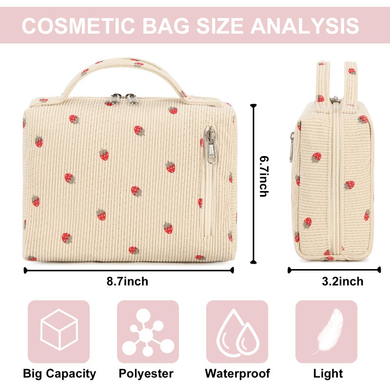 Bluboon Makeup Bag Zipper Pouch Travel Toiletry Bag Portable Cosmetic Bag Organizer for Women and Girls(Strawberry Corduroy Beige) - Image 2