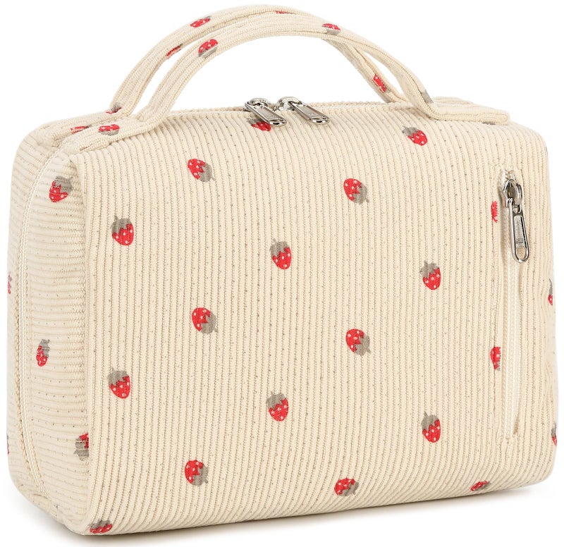 Bluboon Makeup Bag Zipper Pouch Travel Toiletry Bag Portable Cosmetic Bag Organizer for Women and Girls(Strawberry Corduroy Beige) - Image 1