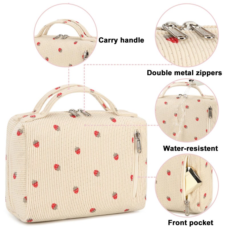 Bluboon Makeup Bag Zipper Pouch Travel Toiletry Bag Portable Cosmetic Bag Organizer for Women and Girls(Strawberry Corduroy Beige) - Image 3