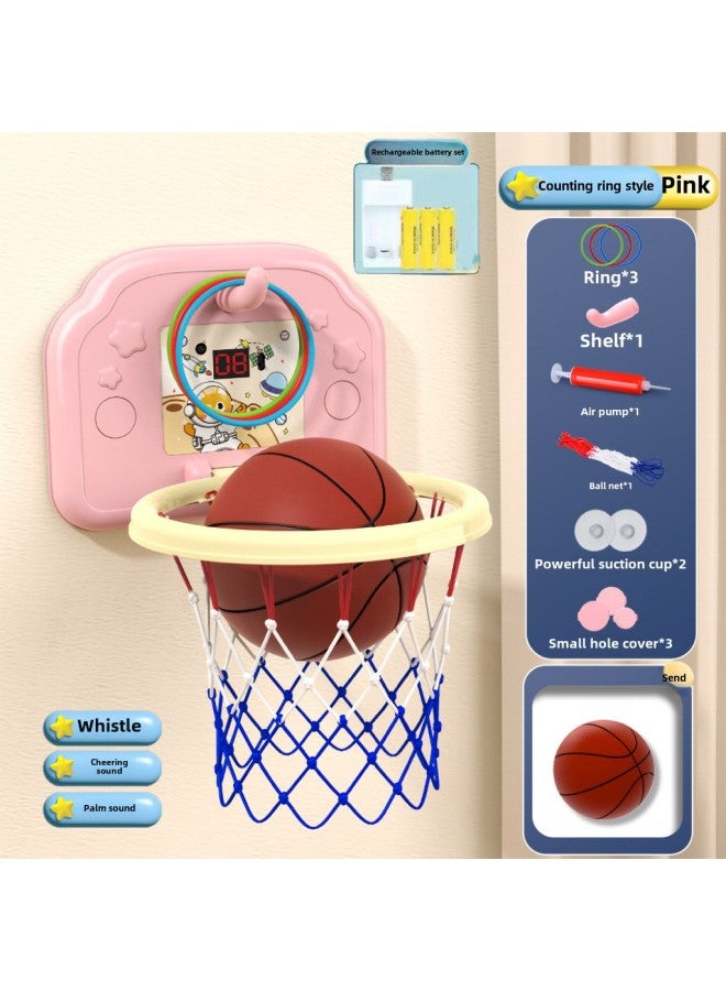 Children's Hanging Basketball Board Indoor And Outdoor Punch-Free Foldable Scoring Shooting Rings Kindergarten Basketball Toys-Color:[scoring Ring Rechargeable Battery Version] Pink Space Cat (free Basketball + 3 Rings + Pump + Suction Cup)-Diameter:3 Basketballs  - Image 1