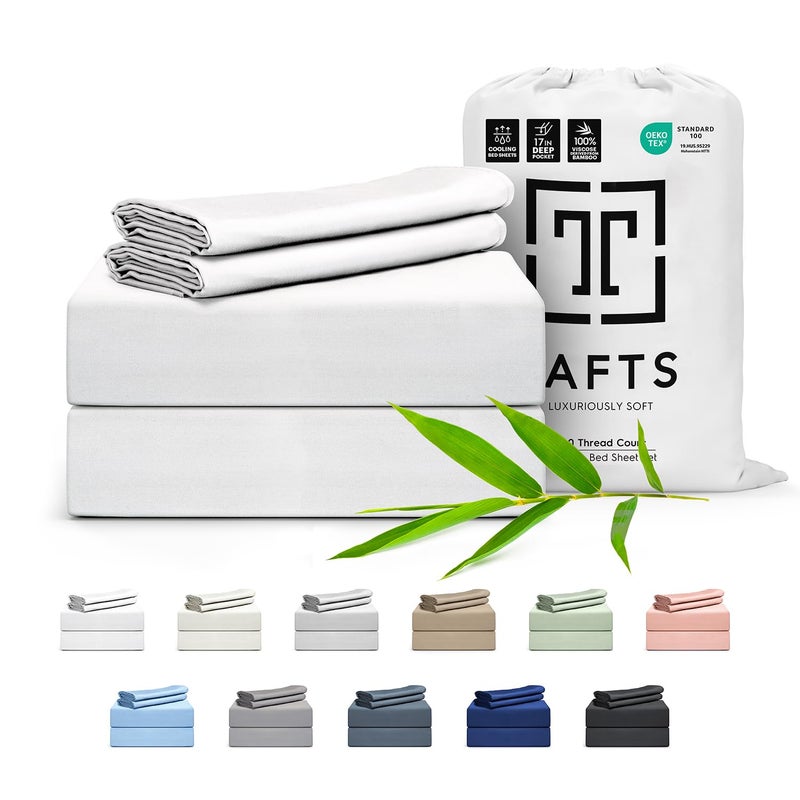 Tafts Tafts 100% Viscose derived from Bamboo Sheets Full Size Bed Sheet Set  17 Inch Deep Pockets  Luxuriously Soft  Silky  Cooling Sheets  Double Stitched  Lifetime Quality Promise (Cool White)  - Image 1