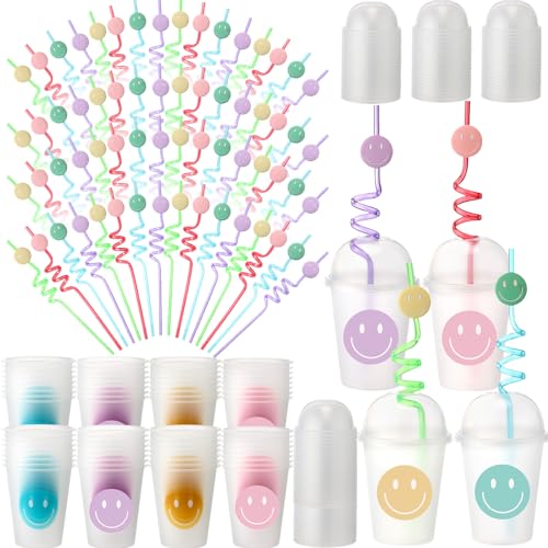 Yaomiao Smile Face Sipper Cups with Straws and Lids 12 oz Clear Plastic Cups Happy Face Party Cups with Dome Lids Happy Party Favors for Kids Tea Coffee Smoothie Cold Drinks64 Pack - Image 1
