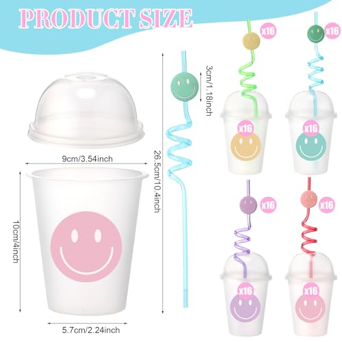 Yaomiao Smile Face Sipper Cups with Straws and Lids 12 oz Clear Plastic Cups Happy Face Party Cups with Dome Lids Happy Party Favors for Kids Tea Coffee Smoothie Cold Drinks64 Pack - Image 5