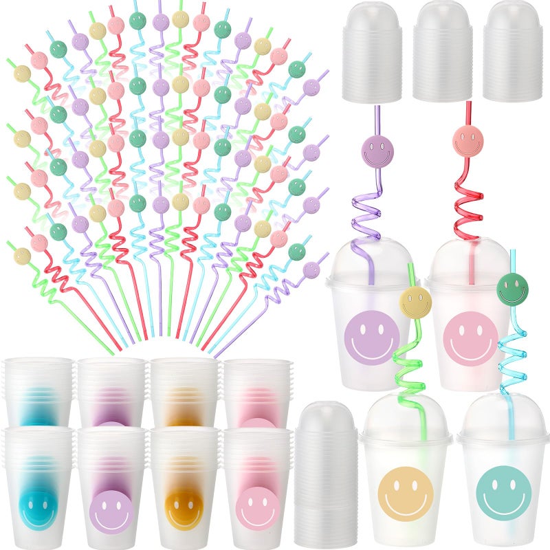 Yaomiao Smile Face Sipper Cups with Straws and Lids 12 oz Clear Plastic Cups Happy Face Party Cups with Dome Lids Happy Party Favors for Kids Tea Coffee Smoothie Cold Drinks64 Pack - Image 3