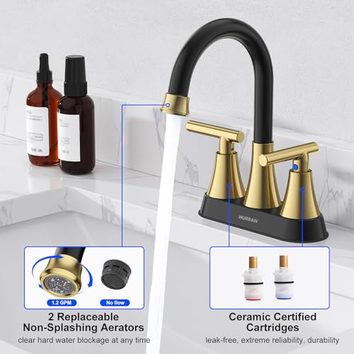 Hurran Bathroom Faucets for Sink 3 Hole, Hurran 4 inch Black and Gold Bathroom Sink Faucet with Pop-up Drain and Supply Hoses, Stainless Steel Lead-Free Centerset Faucets for Vanity RV - Image 5